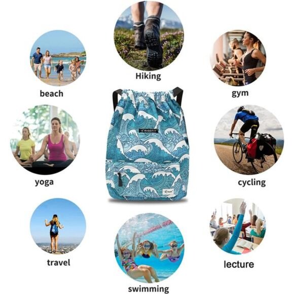 Waterproof Drawstring Bag, Gym Bag Sackpack Sports Beach Backpack for Men Women - Picture 4 of 8